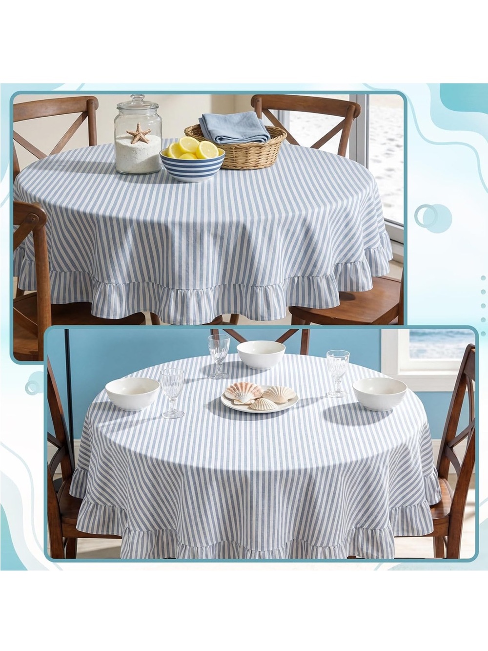 NEW Frienda Blue Stripe Ruffle Table Cloth Farmhouse - Picture 6 of 10